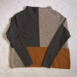 Wool Blend Orange Grey Cream Color Block Long Sleeve Cowl Neck Sweater